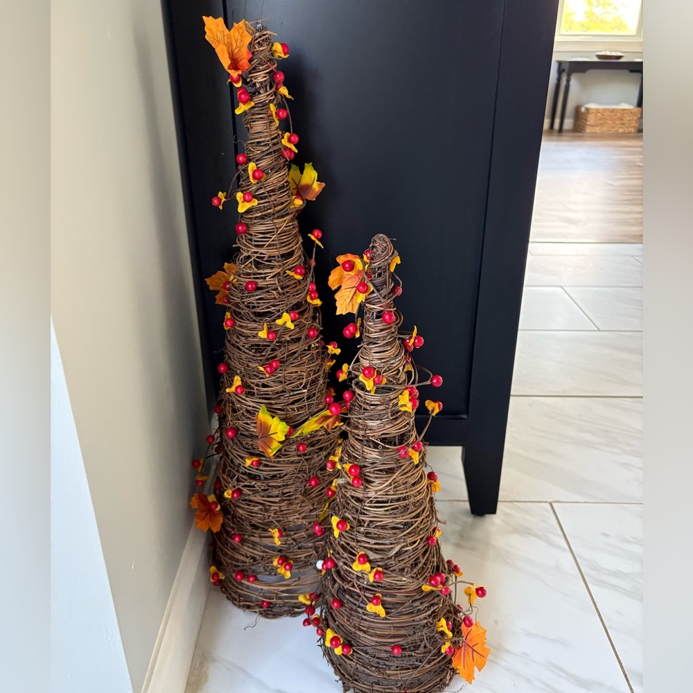 Festive Rattan Cone Trees with Red Berries and Orange Maple Leaf Accents